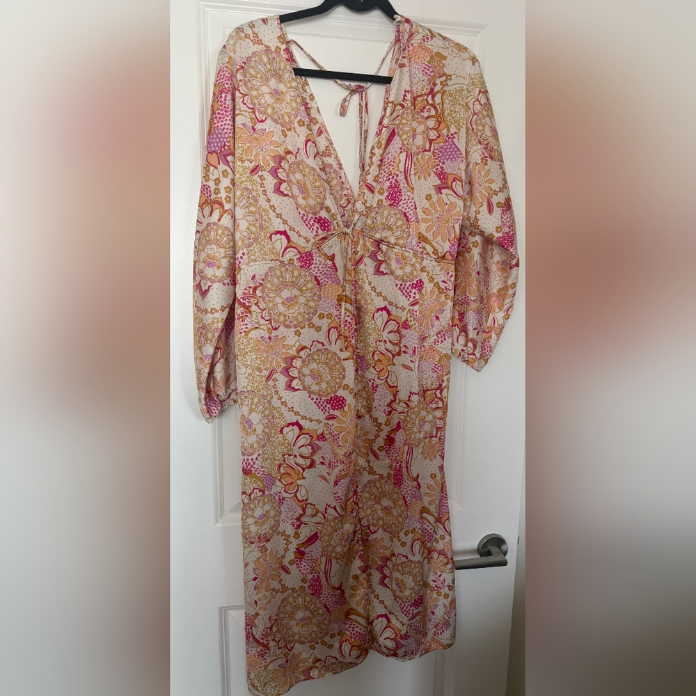 Lush Floral V-Neck Tie Maxi Dress Swim Cover Up in Pink And Gold